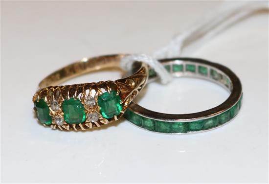 18ct gold emerald and diamond ring and emerald eternity ring